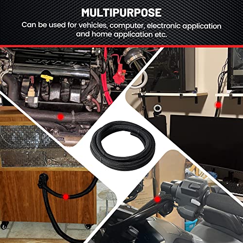 RED WOLF 1/4” x 10FT Cable Sleeves Cord Management Braided Wire Loom Sleeving Protector Wiring Cable Cover Flexible Self-Wrap for Automotive Home Office Anti-Scratch High-Temperature Black - size: 1/4" X 10FT