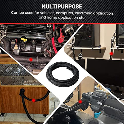 RED WOLF 10 Feet - 1 Inch Braided Wire Cable Sleeve Split Wiring Loom Tube Flexible Self-Wrap for Automotive Computer Cable Cord Management Cover Protector, Anti-Scratch High-Temperature Black Loom - size: 1" x 10FT