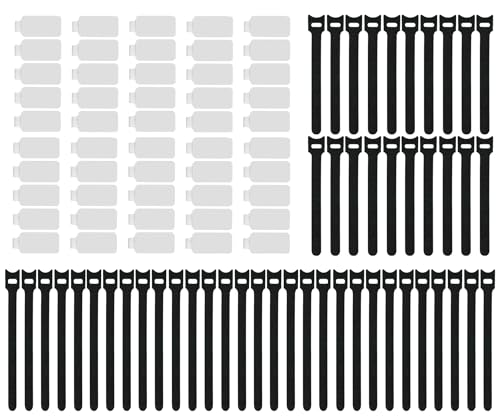 100 Pack Reusable Hook & Loop Cable Ties & Labels Kit - 50 Durable Cord/Wire Tags + 50 Self-Gripping Straps for Electronics Organizing, Home Office Cord Management (White & Black) - color: White & Black
