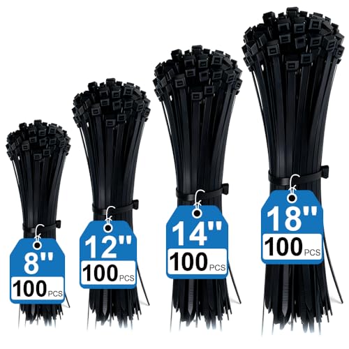 400 Pack Black Zip Ties Assorted Sizes 8+12+14+18 Inch, Heavy Duty 100lbs Self-Locking Electrical Cable Ties, UV Resistant Wire Ties for Indoor and Outdoor Use
