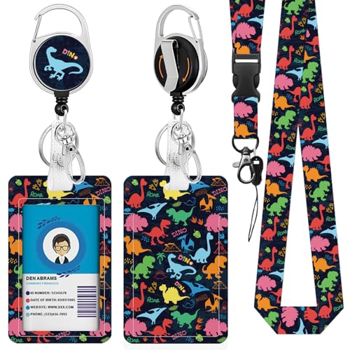 Dinosaur for ID Badge Holder, Dinosaur ID Badge Holder with Heavy-Duty Retractable Reel Clip, Gift for Teacher Nurse Adult - color: Dinosaur-black