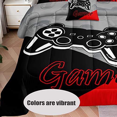 lris Bedding Full Gamer Comforter Sets for Boys,5 Piece Bed in A Bag Gaming Bedding Set for Kids,Game Console Pattern Bed Set with Flat Sheet,Fitted Sheet,Pillowcases,Cushion Cover - color: A03 Red, size: Full