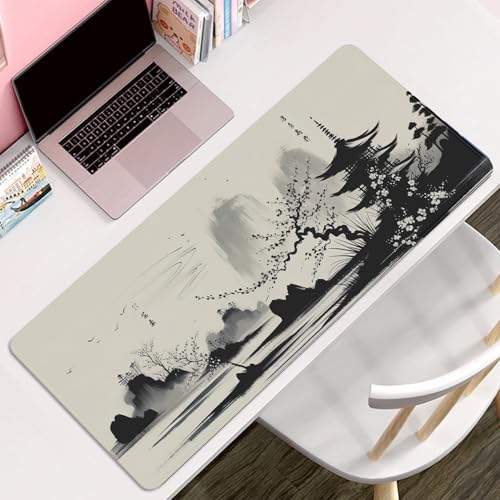 Cherry Blossom Mouse Pad Desk Mat Japanese Computer Pad (27.5X11.8 in) | Non-slip base, high-density smooth surface with no stuttering,Washable and colorfast,suitable for office, study, and gaming - color: ink wash cherry blossom