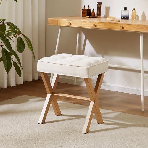 Royal Windsor Vanity Stool,Square Ottoman Stool Foot Rest,Upholstered Vanity Chair Foot Stool with Metal X Legs, Small Vanity Seat for Entryway,Bedroom and Living Room,Linen Beige - color: 12.6"d Beige+yellow