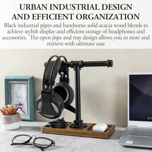 MyGift Premium Acacia Solid Wood and Industrial Black Metal Pipe T-Bar Over Ear Headphones Holder, Tabletop Dual Headphone Display Stand with Accessories Tray - color: Natural Acacia Wood & Black Metal