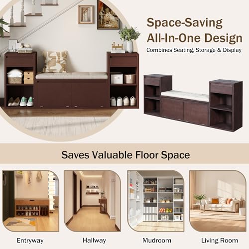 JIJIWANG 77.48" W Entryway Storage Bench with Cushion, 4-in-1 Hallway Bench with Drawers, Compartments and Open Shelves, Mudroom Bench for Shoes and Storage, Espresso - color: Espresso