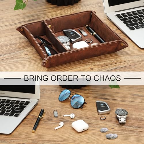 SITHON Valet Tray Desktop Storage Organizer, Removable 2 Compartments Catchall Tray Bedside Vanity Nightstand Caddy Holder Desk Storage Plate, Graduation, Brown - color: Brown