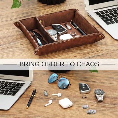 SITHON Valet Tray Desktop Storage Organizer, Removable 2 Compartments Catchall Tray Bedside Vanity Nightstand Caddy Holder Desk Storage Plate, Graduation, Brown - color: Brown