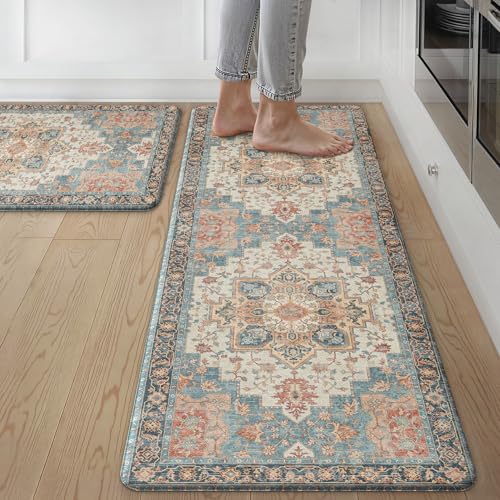 GENIMO Kitchen Mats for Floor 2PCs, Washable Anti Fatigue Mat for Cushioned, 17.3"x47"+17.3"x30", Waterproof Kitchen Rugs, Non Slip Comfort Standing Mat Rug for Home, Sink, Laundry, Blue&Salmon - color: Blue&salmon, size: 17.3"x47"+17.3"x30"--0.4 inches