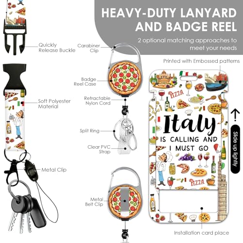 Italy Lanyards ID Badge, Italians ID Badge Holder with Retractable Reel Clip and Keychain, Heavy Duty Vertical Identity Badge Cover Case Protector for Teacher Nurse Khaki - color: Italy-khaki