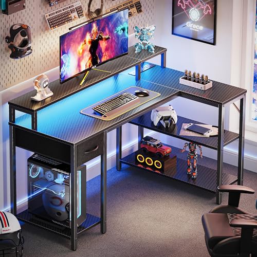 SUPERJARE 47 inch L Shaped Gaming Desk with LED Lights & Power Outlets, Reversible Computer Desk with Shelves & Monitor Stand, Corner Desk with Drawer, for Home & Office, Carbon Fiber Black - color: Carbon Fiber Black, size: 47 inch