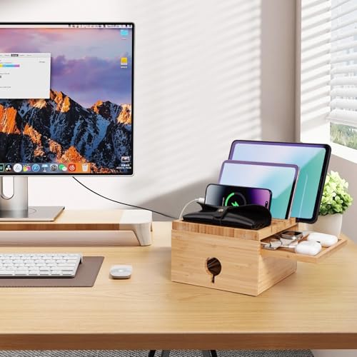 Bamboo Charging Station Organizer, with 5-Cables, No USB Charger | Nightstand Docking Station with Small Tray, Desktop Wood Charger Organizer, Compatible with Cell Phone, Tablet, Earphones - color: With Cables