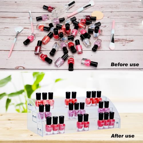 3 Tier Clear Acrylic Nail Polish Organizer, Multi-Purpose Desktop Storage Rack for Essential Oils, Ink Bottles, Eyeglasses, Small Jewelry & Mini Toys, Vanity Countertop Display Holder for Home, Nail Salon & Art Studio Holds Up to 36 Bottles (Fit 1-2oz Bot