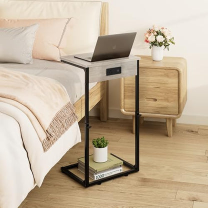 Vagusicc C Shaped End Table with Charging Station, Adjustable Height Side Table for Couch,Small Side Table Small Spaces,33.2'' Tall Couch Tables that Slide Under, Tv Tray Table for Living Room, Greige - color: Greige (1 Pack), style: With Plug