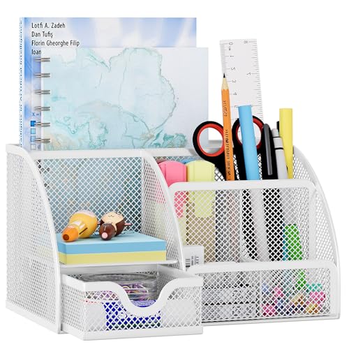 EasyPAG Mesh Desk Organizer with Drawer Multi-functional Pen Holder Stationery Organizer for Office School Supplies 6 Compartments Dorm Organizers and Storage for Desk, White - color: White