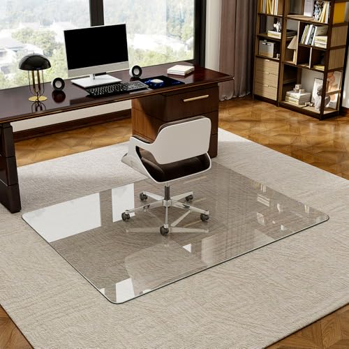 48" x 60" Tempered Glass -Glass Chair Mat, Heavy Duty Hard Floor Mat with Round Corner and Polished Edge, Office Chair Mat for Carpet Office Home Hardwood Floor Desk - color: Transparent, size: 60"L x 48"W