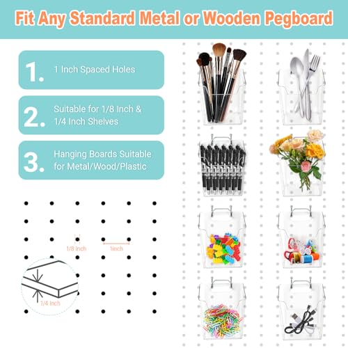 8 Pack Large Pegboard Bins with Hooks, Square Box Shape Peg Board Cups and Peg Board Accessories for Craft Room, Playroom, Office, Garage, and Wall Mount Organization (Transparent) - color: Transparent