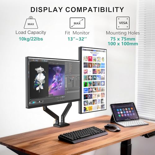 WALI Dual Monitor Stand for 13-32 inch Computer Screens, Dual Monitor Arms for 2 Monitors Holds up to 22 lbs, Height Adjustable Dual Monitors Mount, VESA 75x75/100x100mm (GSMP002N), Black - color: Black (Dual), size: 13" to 32"