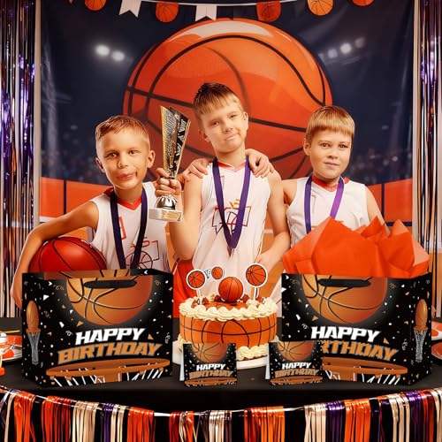 Hooqict Large Basketball Gift Bag with Handles, Tissue Paper, Greeting Cards Basketball Birthday Gift Wrap Bag for Kids Boys Men Sports Themed Goodie Treat Party Favors - color: Basketball