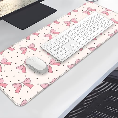 Large Gaming Mouse Pad, Full Keyboard Mat, Long Laptop Mousepad, Computer Mouse Mat for Home and Office, Anti-Slip Rubber Base, 31.5 x 11.5 Inches (Pink Bows with Polkadot) - color: Pink Bows With Polkadot