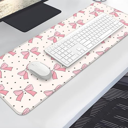 Large Gaming Mouse Pad, Full Keyboard Mat, Long Laptop Mousepad, Computer Mouse Mat for Home and Office, Anti-Slip Rubber Base, 31.5 x 11.5 Inches (Pink Bows with Polkadot) - color: Pink Bows With Polkadot