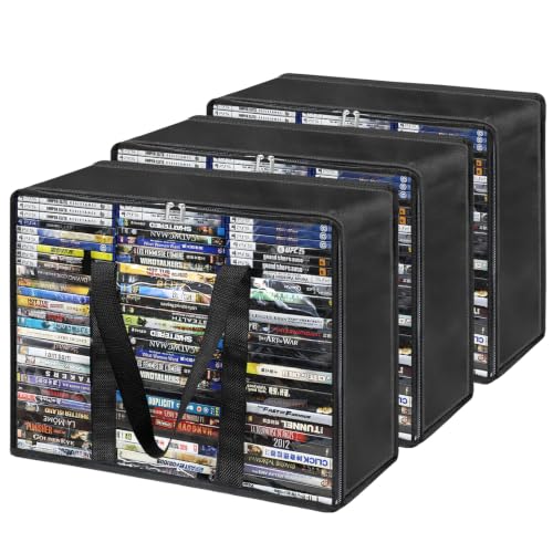DVD Storage Bags 3 Pack, Updated Bigger Bags Holds 270 DVDs (90 Each), Clear Plastic Organizer with Reinforced Handles for Media, Quilt, Pillow & Clothes Storage - size: 3*Large Bags