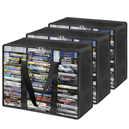 DVD Storage Bags 3 Pack, Updated Bigger Bags Holds 270 DVDs (90 Each), Clear Plastic Organizer with Reinforced Handles for Media, Quilt, Pillow & Clothes Storage - size: 3*Large Bags