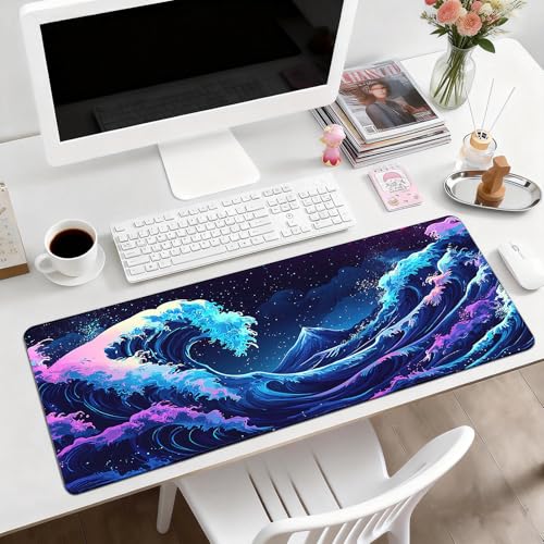 Gaming Desk Mat with Silky Smooth Surface & Exquisite Patterns,31.5x11.8 Inches Large-Sized Mouse Pad, Perfect for Extended Gaming,Work,and Home Office Decor (Japanese Waves 2) - color: Japanese Waves 2