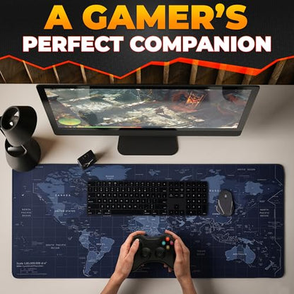 Wide Desk Coverage Full World Map Mouse Pad XL - 35x15.7 World Map Desk Mat Large with Geographical Print Layout - Soft and Water-Resistant Surface, Non-Slip Bottom, Suitable for Games and Work