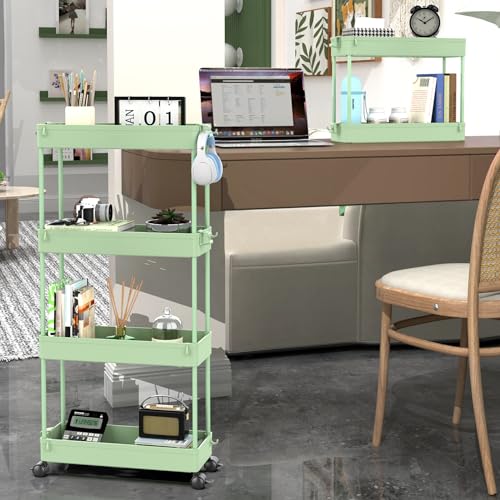 SPACEKEEPER Slim Rolling Storage Cart 4 Tier Bathroom Organizer Utility Cart Mobile Shelving Unit Tower Rack for Kitchen, Laundry Room, Bathroom, Narrow Places, Green - color: Green