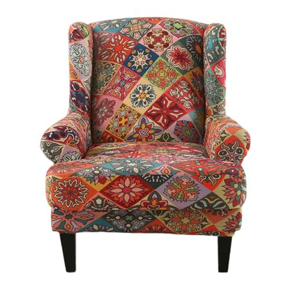 KRFOONN Stretch Wing Chair Slipcovers Printed 2 Piece Wingback Chair Covers Soft Spandex Wingback Armchair Slipcover Furniture Protector Chair Covers for Living Room Wingback Chair, T10 - color: Color T10
