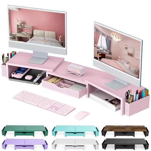 gianotter Dual Monitor Stand Riser, Desk Organizer With Drawer and 2 Pen Holders,Desk Organizers and Accessories, Pink Office Supplies (Pink) - color: Pink