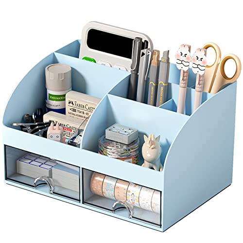 COMFYROOM Desk Organizer with 6 Compartments and 2 Drawers, Plastic Makeup Organizer, Pen Holder for Desktop Storage, Desk Organization for School, Home, Office Supplies (Blue) - color: Blue