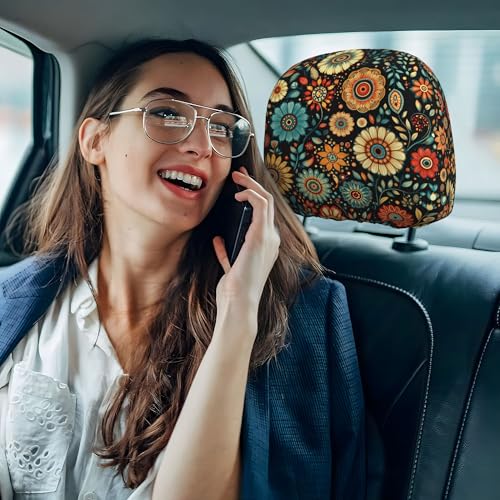 2 PCS Car Headrest Cover - Soft Elastic Fabric Car Detachable Head Rest Covers for Truck Sedan Van - color: Boho Floral Black