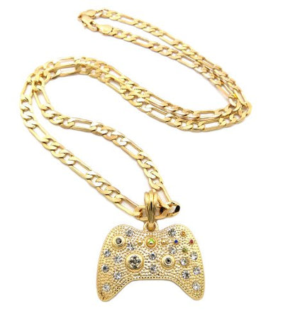 New Iced Out Game Controller Pendant 5mm/24" Figaro Chain Hip Hop Necklace MSP379 - color: Gold