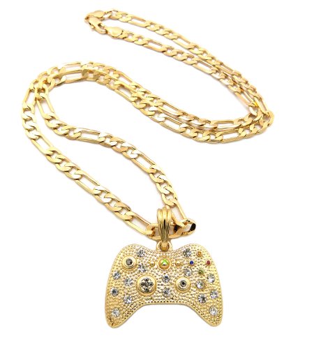 New Iced Out Game Controller Pendant 5mm/24" Figaro Chain Hip Hop Necklace MSP379 - color: Gold