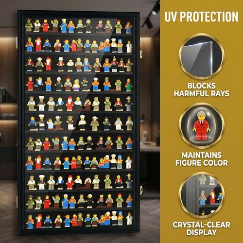 DisplayGifts Building Block Toy Minifigures Miniatures Thimble Display Case Wall Cabinet Standing Plates Included, UV Protection Door Black Finish Frame - size: X Large - Black