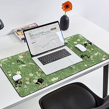 Green Desk Mat XL Cat Cute Plant Cool Desk Pad Keyboard Mat Kawaii Black Cat Flower Mouse Pad Green Desk Mat Desk Decor with Stitched Edges Non-Slip Large Computer Mat 31.5x15.7in - color: B-cat in the Meadow