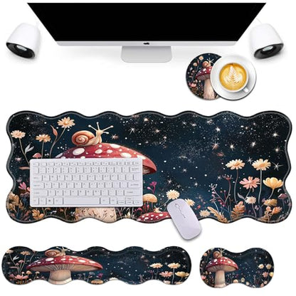 Bxgolkgd Desk Mat Set,Mouse Pad with Keyboard Wrist Rest & Mouse Wrist Rest,Wave-Shaped Design,Non-Slip Rubber Base,Ergonomic Desk Mat for Home,Office,Gaming,Mushrooms and Snails - color: Mushrooms and Snails