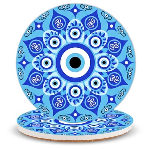 Mandala Evil Eye Ceramic Coasters of 2 with Cork Backing Absorbent Coaster | Non-Slip Coasters for Drinks and Coffee Table Office Desk Home Decor, Gifts for Evil Eye Lovers, Mom, Boho Decor Fans - color: Evil Eye