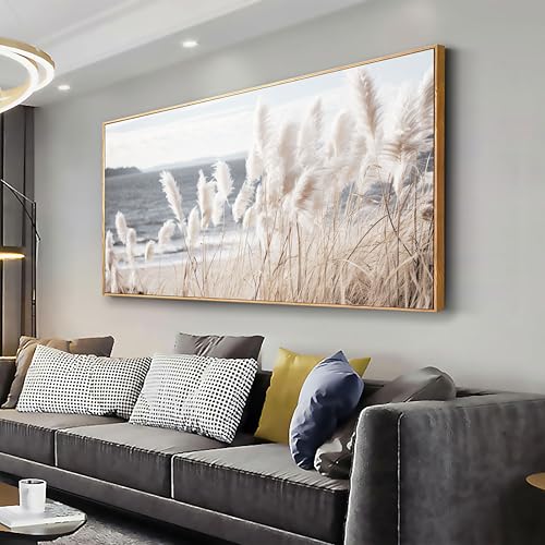 Wall Art Framed Artwork Decor Nature Canvas Art ReedSeascape Wall Decor for Bedroom Living Room Decoration Home Kitchen Office 29" x 58" - color: Off-white, size: 58"L x 29"W
