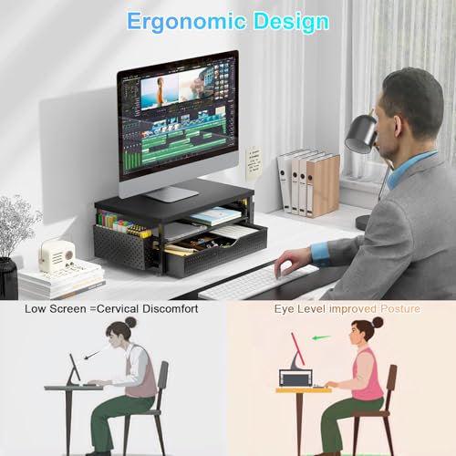 gianotter Desk Organizers and Accessories, Monitor Stand with Drawer and 2 Pen Holder, Desktop Organizer Suitable for Offices and Dormitories (Black-Plain) - color: Black-Plain