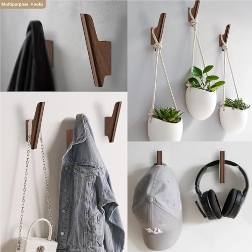 Wood Wall Hooks 4 Pack Coat Hooks Wall Mount Walnut Wooden Hooks for Hanging Hat, Bag, Backpack, Rustic Coat Hooks for Wall, Wood Towel Hooks for Bathrooms and Entryway Hooks (Walnut, Dark) - color: Walnut, Dark