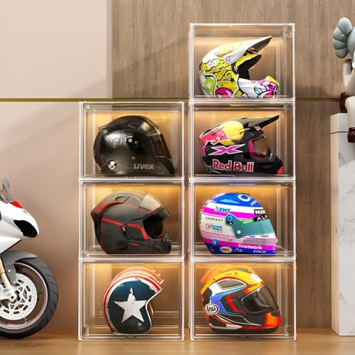 GUDEMAY Large Clear Stackable Acrylic Storage Bins with Door, Dustproof Figure Collectibles Display Case, Football & Motorcycle Helmet Showcase, Basketball, Sports Memorabilia Organizer (XL, Count, 3) - size: XL