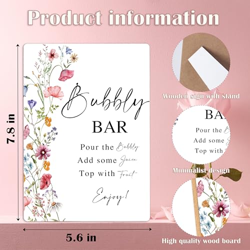 Bubbly Bar Sign, Flowers Bridal Shower Decorations, Wedding Reception Table Decorations, Engagement Party Decor, Boho Wooden Sign with Stand for Wedding Reception And Bridal Party Decor, 4 - color: Bubbly Bar4