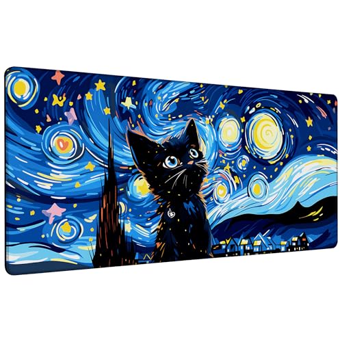 Starry Night Cat Gaming Mouse Pad Large Desk Mat Extended Keyboard Anime Mousepad with Non-Slip Base and Stitched Edge for Desk Home Office Gaming,35.4 x 15.7 Inch - color: Starry Night Cat, size: 15.7*35.4inch