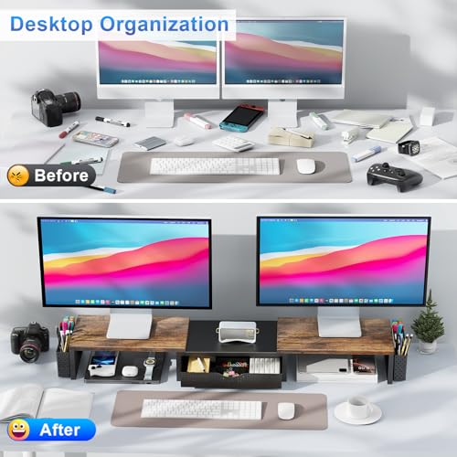 gianotter Dual Monitor Stand Riser, Desk Organizer With Drawer and 2 Pen Holders,Computer Monitor Stand, Desk Shelf for Top of Desk, Wood - color: Wood