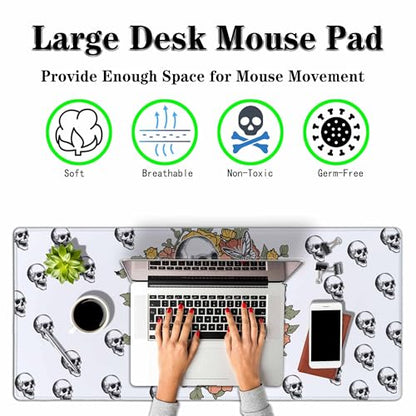 Skeleton Wildflower Full Desk Mouse Pad Funny Retro Skull Halloween Gothic Large Gaming Mousepad for Keyboard PC.Home,Office 35.4"X15.7" - color: Skeleton wildflower