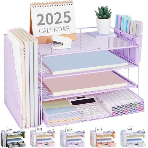 OPNICE Desk Organizer, 4-Tier Desktop File Organizer with Drawer and Pen Holders, Office Desk Accessories, File Sorters, Workspace Organizers for Office Supplies(Purple) - color: Purple, size: 4-tier