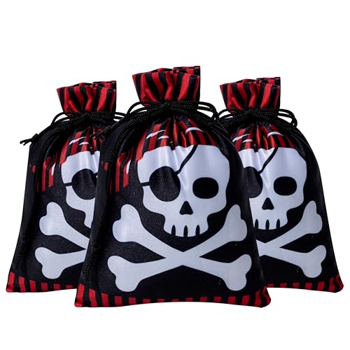 RICHNESS 16pcs Pirate Party Favor Bags Skull and Crossbones Goody Loot Gift Bag with Drawstring Closure Satin Party Loot Bags 4.5X6 Inches - color: Red & Black